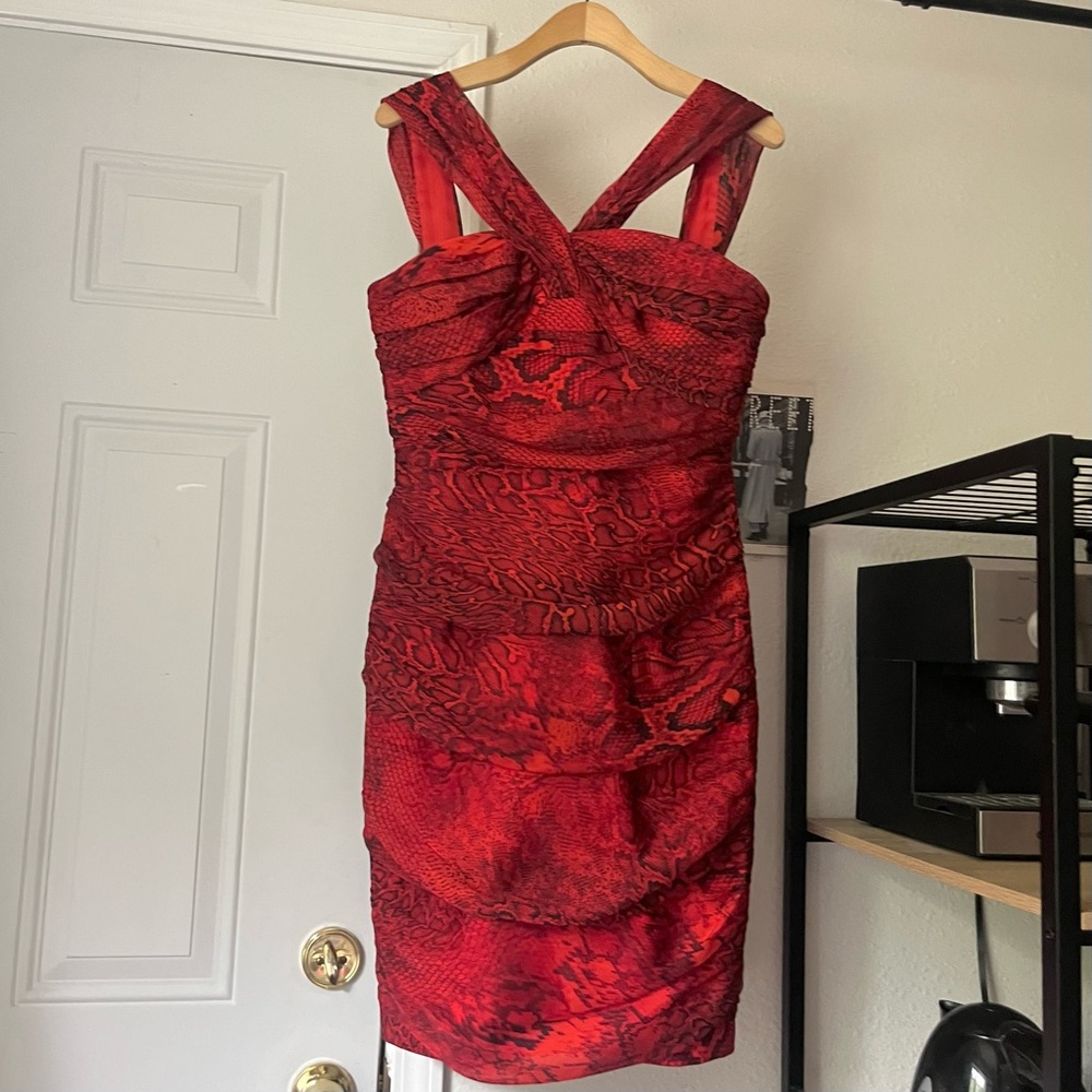 CARMEN MARC VALVO red snake python animal silk cross‎ criss twist ruched mini